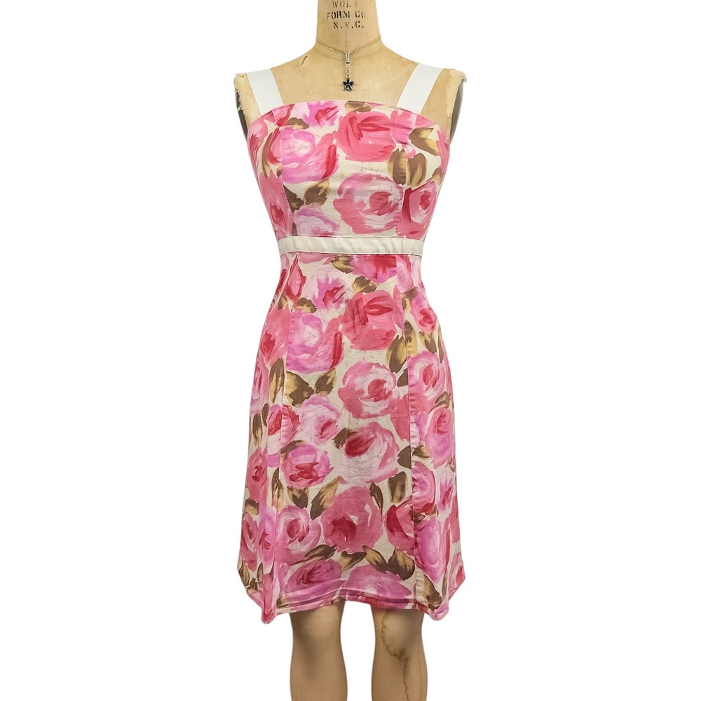 Vintage Cottagecore Floral Pink Pencil Dress Cinched Waist Belt Romantic Size S
